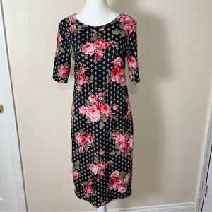 LuLaRoe M Julia Black White Pink Green Rose Floral  Short Sleeve Midi Dress